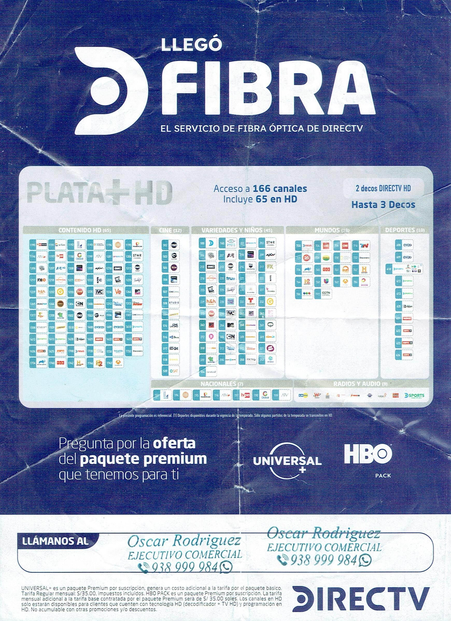DirecTV Perú - Folleto Marzo 2023 "Fibra Óptica" (Reverso/Plan Plata+ HD)