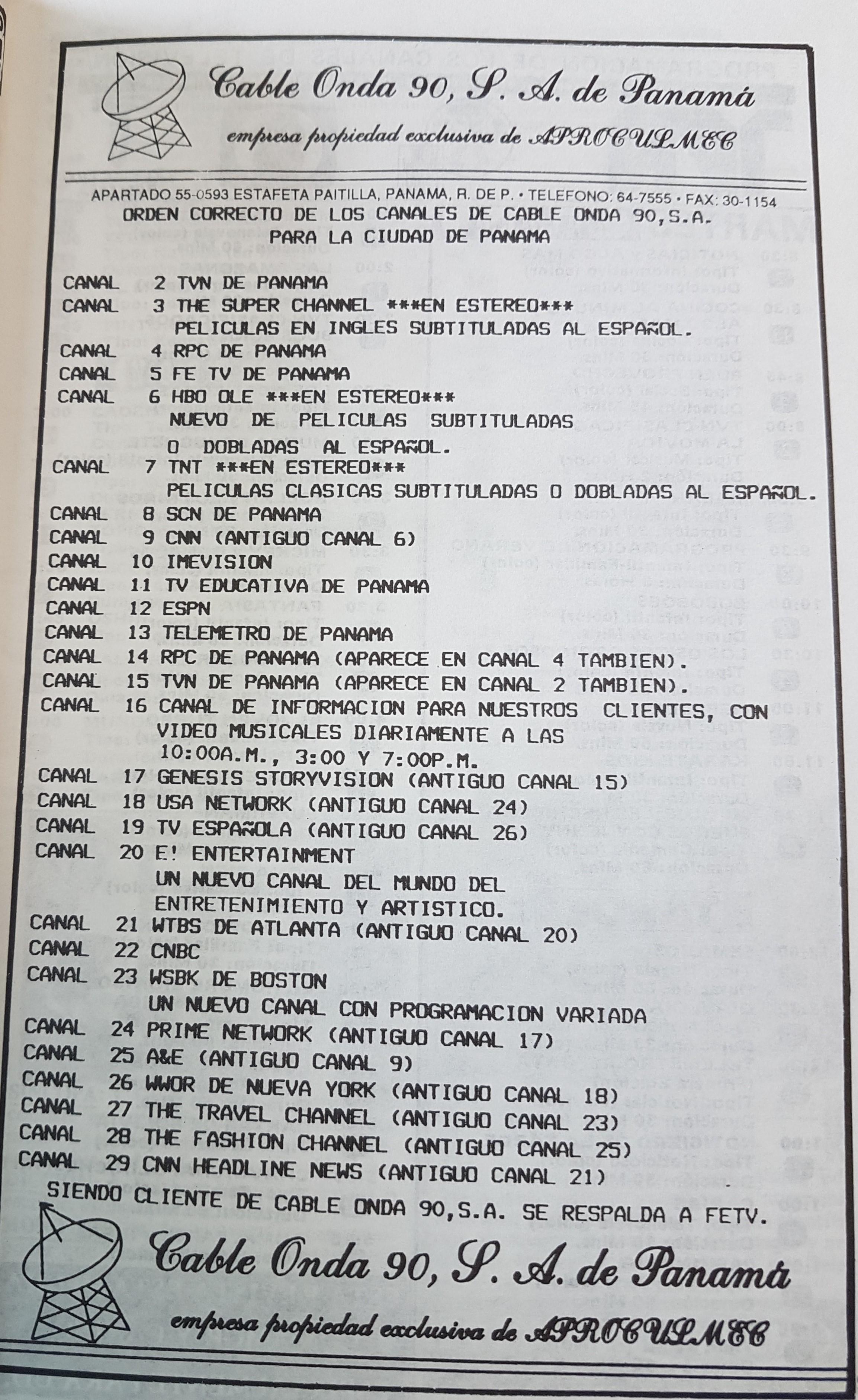 Grilla completa de los canales de cable onda 90 enero de 1992
