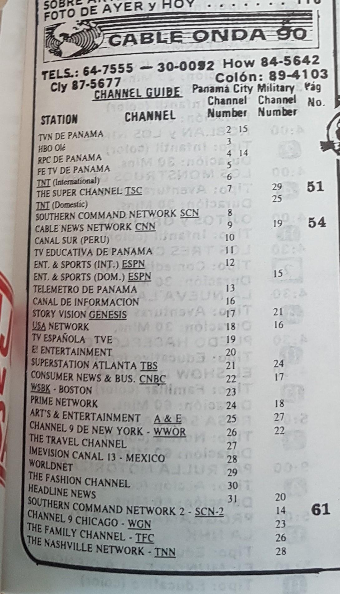 Grilla de canales de cable onda 90 octubre de 1992