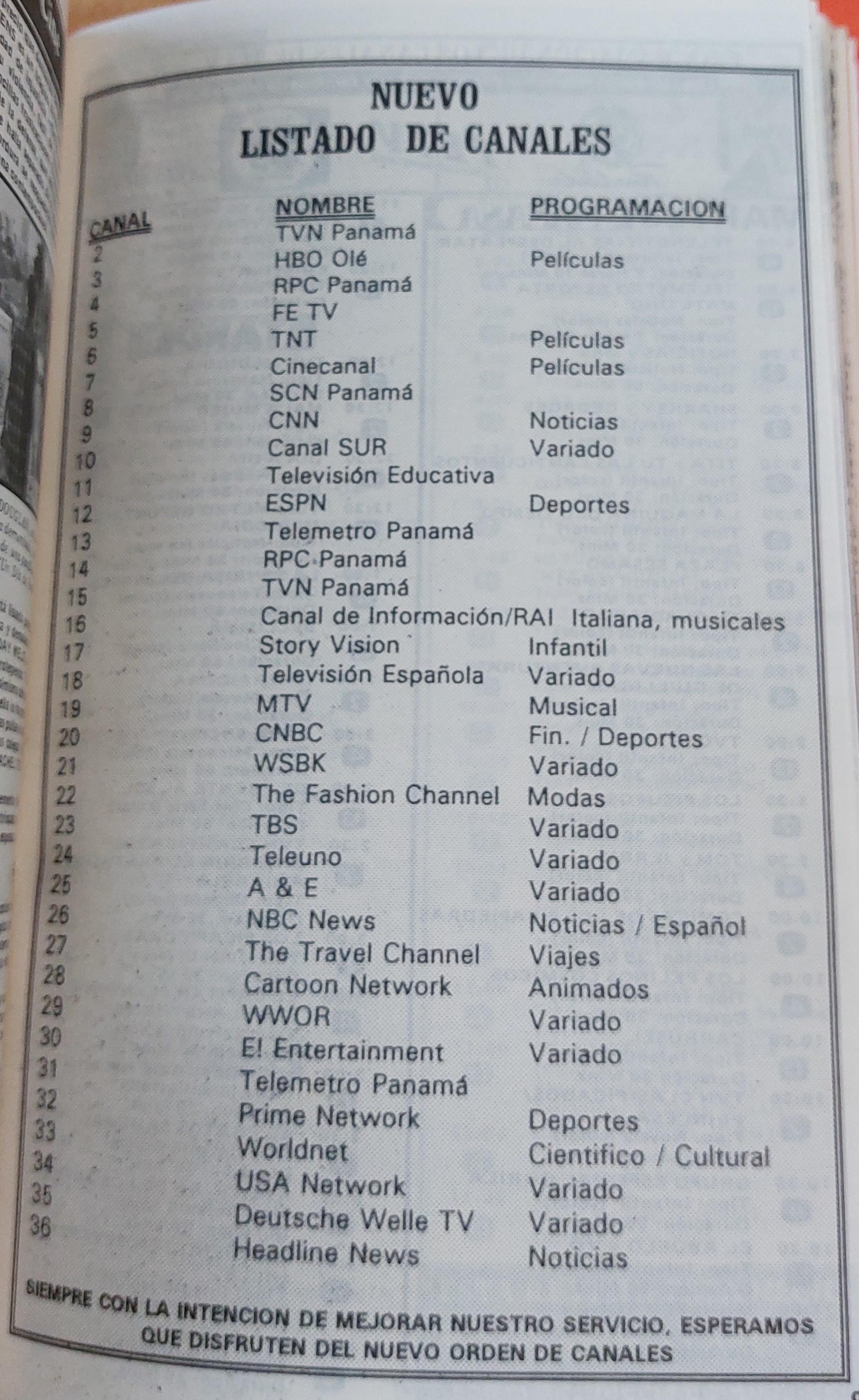 Grilla de canales de cable onda 90 junio de 1993