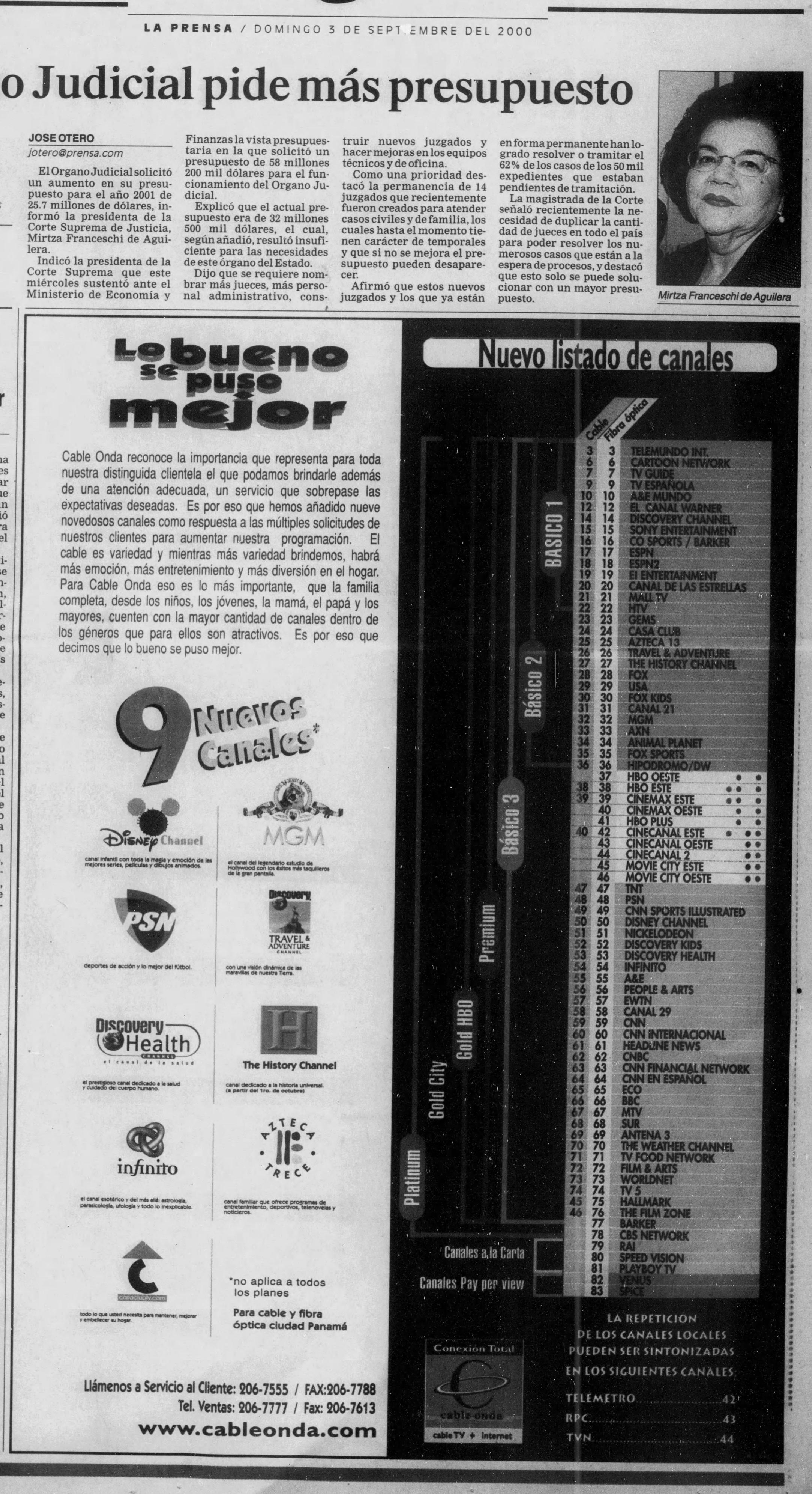 Grilla de cable onda de septiembre del 2000.